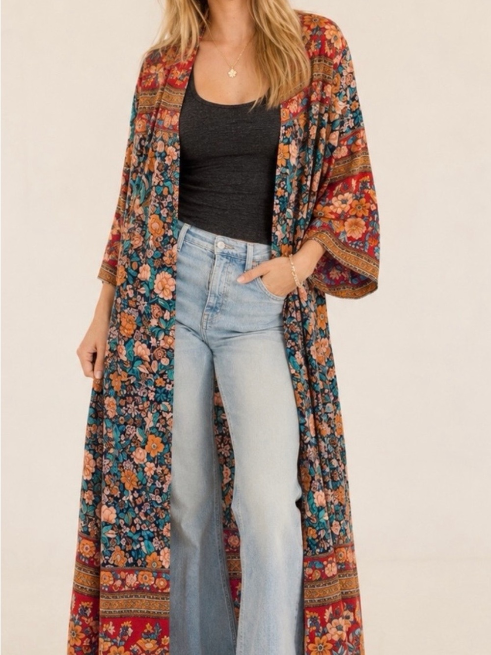 Natural Life NWT- Bohemian Floral Open-Front Maxi Kimono - Teal & Rust